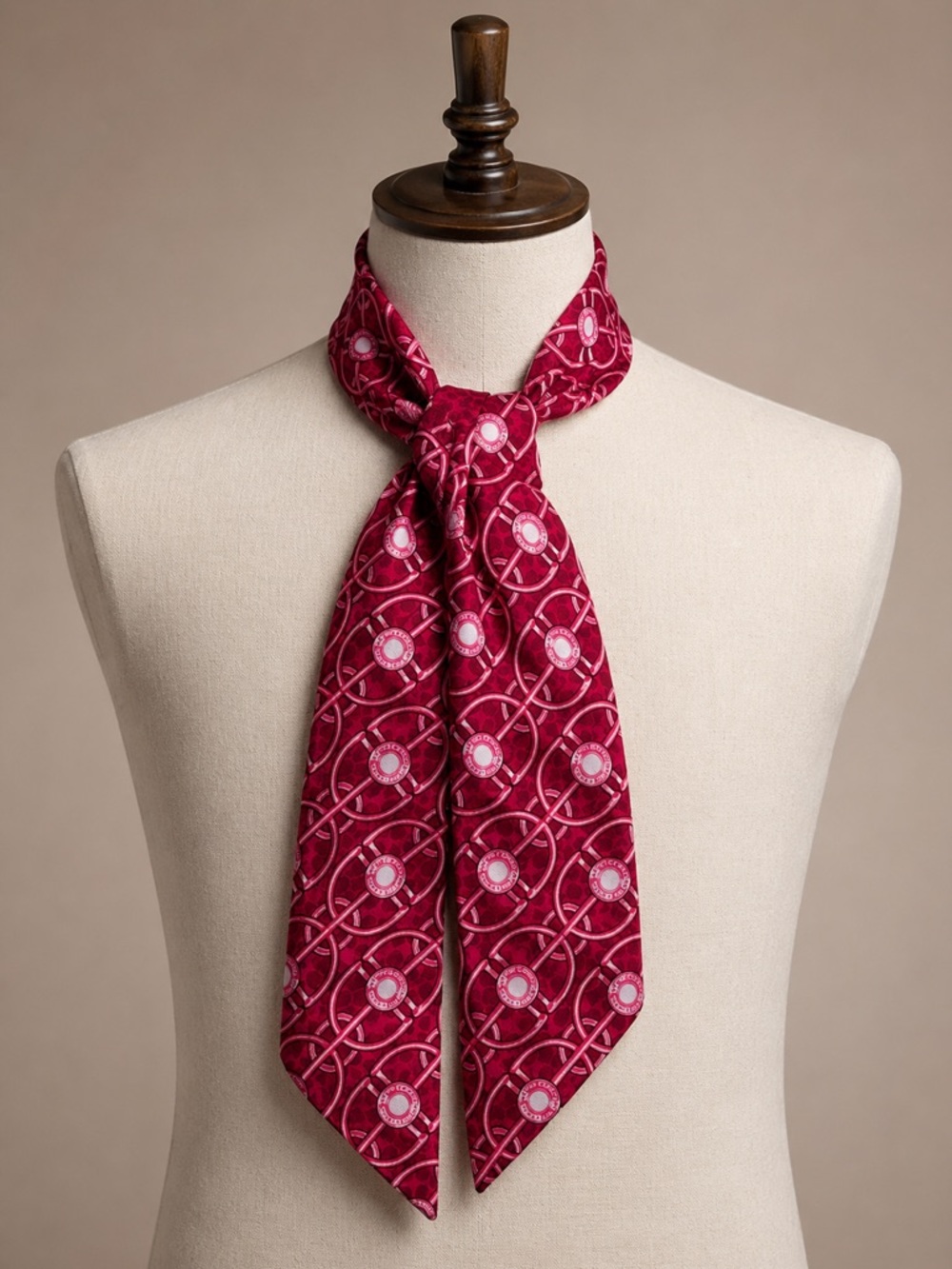 COACH Buckles & Buttons Mini Signature C Skinny Scarf 💯 Silk in Magenta/Red - Picture 6 of 6